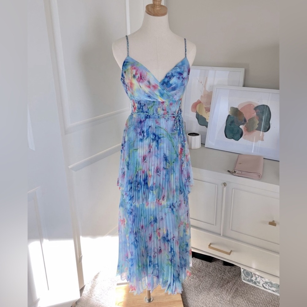 MARCHESA NOTTE | Floral Pleated Chiffon Gown | Size: 2